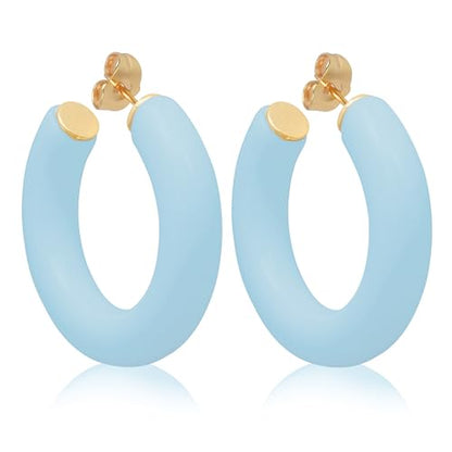 Gold Plated Multicolor Resin Chunky Thick Open Hoop Earrings in 57MM and 37.5MM Diameters - color: Blue - Baby Blue - Matte Finish, size: 37.5MM (1.48") Diameter