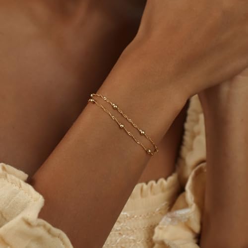 SLOONG 14K Gold Plated Pearl Bracelets for Women Trendy | Dainty Stackable Layered Chain Bridesmaid Bracelets, Waterproof Wedding Jewelry for Women Adjustable 6"+2" - color: Style7(Ripple Chain)