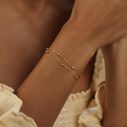 SLOONG 14K Gold Plated Pearl Bracelets for Women Trendy | Dainty Stackable Layered Chain Bridesmaid Bracelets, Waterproof Wedding Jewelry for Women Adjustable 6"+2" - color: Style7(Ripple Chain)