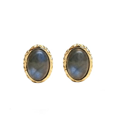 Gempires Bold Oval Gemstone Stud Earrings for Women – Natural Healing Stone Jewelry 14K Gold-Plated Hypoallergenic Tarnish-Resistant – Bold Statement Studs Gift for Her - style: Labradorite