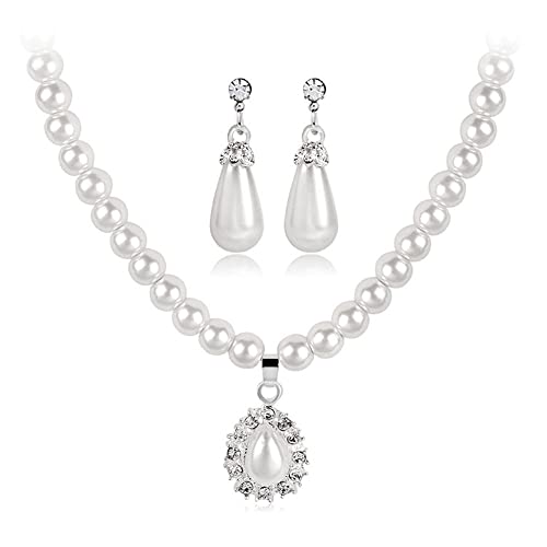 tenghong2021 Fashion Classic Faux Pearl Jewelry Set Necklace Bracelet Earrings for Women Best Gift - color: White water drop