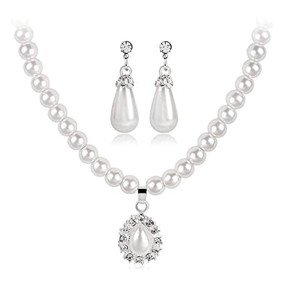 tenghong2021 Fashion Classic Faux Pearl Jewelry Set Necklace Bracelet Earrings for Women Best Gift - color: White water drop