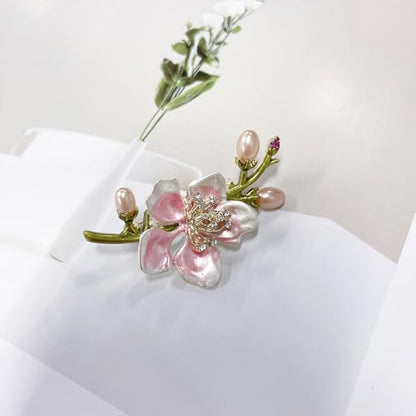 Elegant Peach Blossom Cz Brooch for Women Men Delicate Crystal Flower Faux Pearl Enamel Lapel Pins Dress Coats Scarves Accessories Wedding Party Prom Fashion Jewelry
