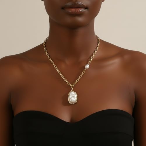 Chunky Pearl Necklaces for Women Chunky Baroque Pearl Beaded Gold Chain Link Pearls Pendant Necklace White Pearls Necklace Valentine's Day Jewelry Gifts Party Prom Birthday Outfits Accessorie - style: Gold Chain, Pearl Pendant