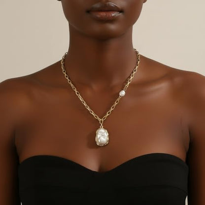 Chunky Pearl Necklaces for Women Chunky Baroque Pearl Beaded Gold Chain Link Pearls Pendant Necklace White Pearls Necklace Valentine's Day Jewelry Gifts Party Prom Birthday Outfits Accessorie - style: Gold Chain, Pearl Pendant