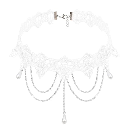 White Lace Choker Necklace for Women Tassel Pearl Choker Necklaces Boho Collar Statement Artistic Chain with Pearl Cosplay Costume Party Jewelry