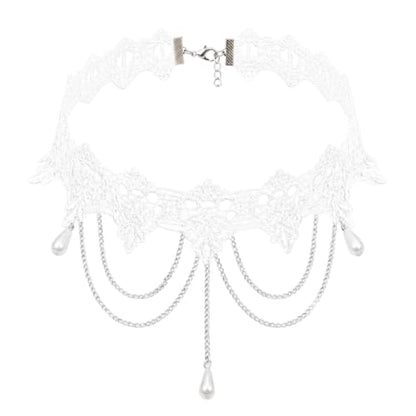 White Lace Choker Necklace for Women Tassel Pearl Choker Necklaces Boho Collar Statement Artistic Chain with Pearl Cosplay Costume Party Jewelry