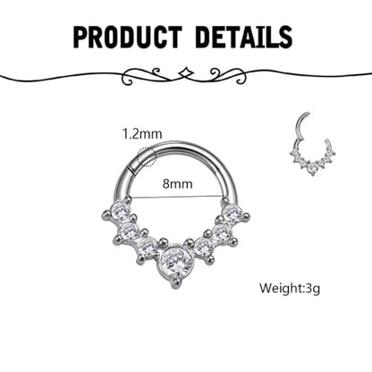 Cubic Zirconia Septum Nose Hoop Ring | 316L Stainless Steel,Round Rhinestone,Cartilage Huggie Earring,16G,8mm Piercing Jewelry,for Women Men - color: Gold