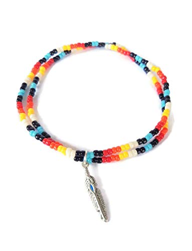 Minimalist Beaded Native American Style Stretch Charm Double Anklet with Feather Charm. 9 INCHES.