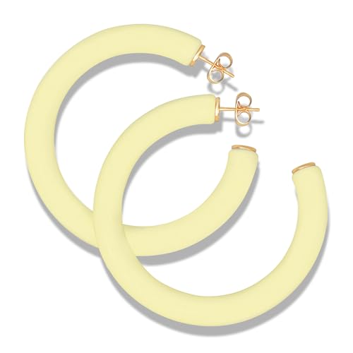 Gold Plated Multicolor Resin Chunky Thick Open Hoop Earrings in 57MM and 37.5MM Diameters - color: Yellow - Pastel - Matte Finish, size: 57MM (2.24") Diameter