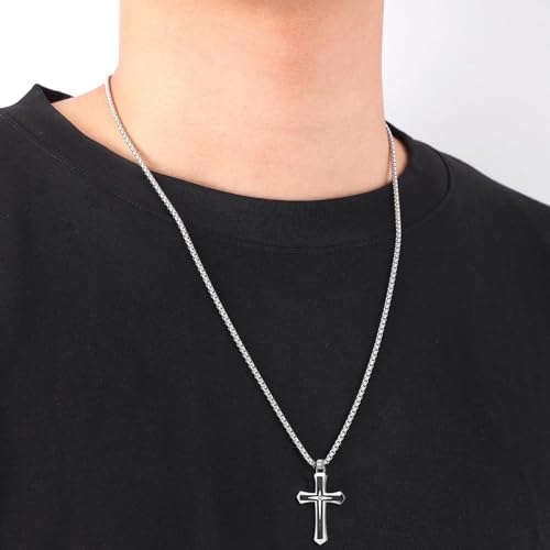 MOOSKI Cross Necklace for Men Stainless Steel Christ Jesus Jewelry 24"Chain | Religious christ Pendant ,Adjustable Rolo Chain,Gold Silver/Black Christian Jewelry Gift Women Men - color: Silver&Black