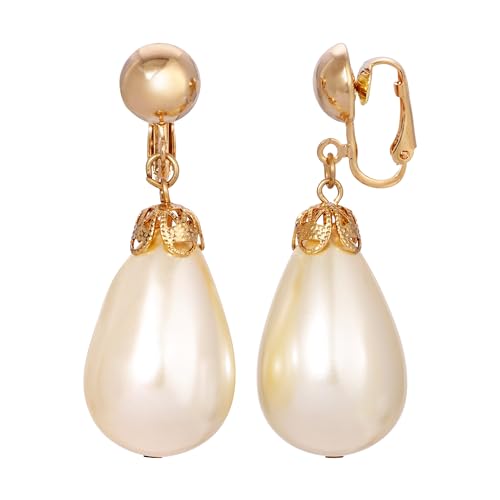 1928 Jewelry Women's Gold Tone Faux Pearl Teardrop Clip On Earrings
