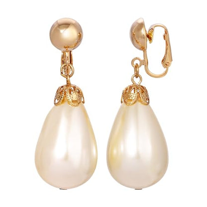1928 Jewelry Women's Gold Tone Faux Pearl Teardrop Clip On Earrings