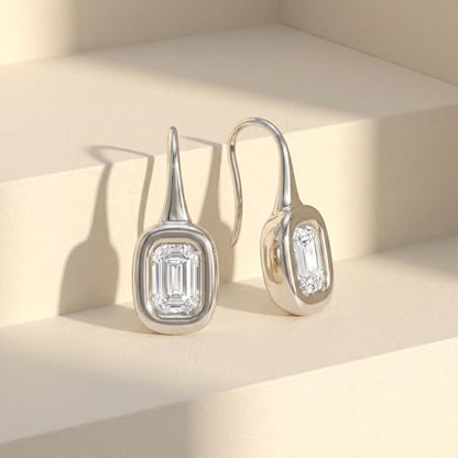 14K Gold & Silver Plated Trendy Bezel Set Cubic Zirconia Drop Earrings Minimalist Teardrop Hook Earrings for Women Diamond Crystal Charm Statement Teardrop Earrings Jewelry Gifts - color: Silver-Rectangular zircon