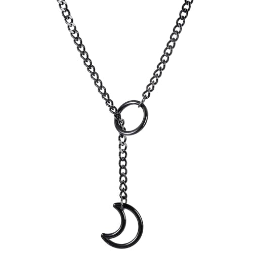 Slip Chain Choker for Women Handmade Black Stainless Steel Cuban Chain Chunky Moon Bat Raven Skull Pendant Gothic Punk Rock Collar Adjustable Lariat Y Necklace for Men - style: Black Moon