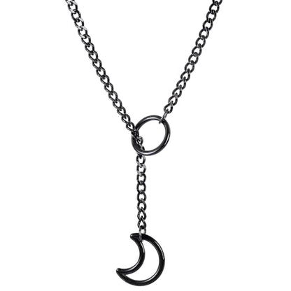 Slip Chain Choker for Women Handmade Black Stainless Steel Cuban Chain Chunky Moon Bat Raven Skull Pendant Gothic Punk Rock Collar Adjustable Lariat Y Necklace for Men - style: Black Moon
