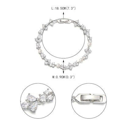 EVER FAITH Cubic Zirconia Pearl Bridal Prom Tennis Bracelet for Women | Elegant Pear CZ Wedding Jewelry Gift, for Bride Bridesmaid - style: Floral_Silver-Plated-Brass