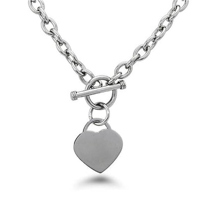 High Polished Stainless Steel Heart Charm Cable Chain Necklace with Toggle Clasp Silver Length 16"- 25" - size: 18 inch