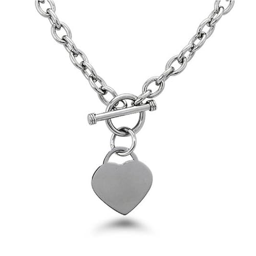 High Polished Stainless Steel Heart Charm Cable Chain Necklace with Toggle Clasp Silver Length 16"- 25" - size: 16 inch