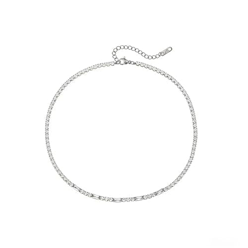 Tennis Necklaces for Women 18K Gold Plated White Red Green Blue Cubic Zirconia Necklaces Dainty Rhinestone Choker Necklaces Trendy Faux Diamond Tennis Chain 3mm - color: White Tennis Choker -White Gold