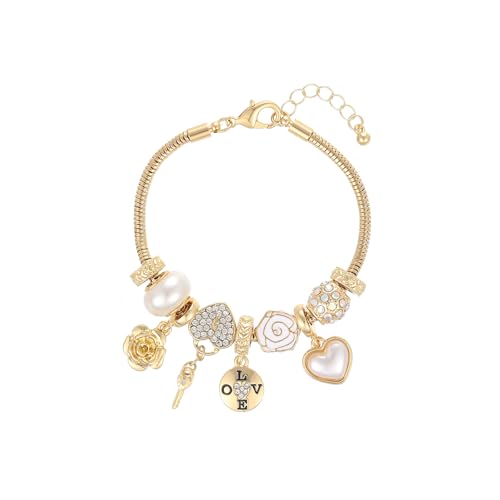 Charm Bracelet Gold Bracelets for Women Gifts | LOVE Heart Hollow Flower Bow Pink Green Square Gemstone Beaded Charm Bracelet Cute Adjustable Bracelet Jewelry - style: LOVE Lettered Disc