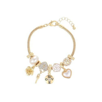 Charm Bracelet Gold Bracelets for Women Gifts | LOVE Heart Hollow Flower Bow Pink Green Square Gemstone Beaded Charm Bracelet Cute Adjustable Bracelet Jewelry - style: LOVE Lettered Disc