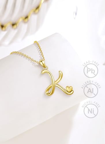 CELESTIA 925 Sterling Silver Initial Necklaces 26 Letter with Rose Gold Heart - 18 Inch Chain - color: Gold-K