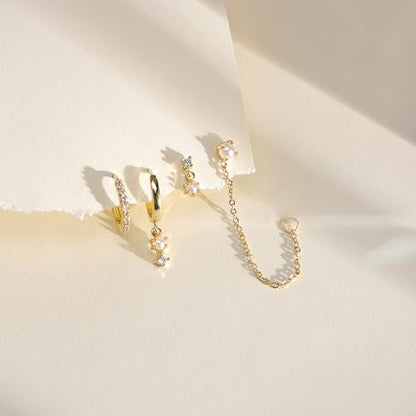 Gold Plated Earrings for Women, 14k Gold Plated Earring Stack Hypoallergenic Pearl Drop Earring Dainty Earrings for Women Trendy Cute Small Huggie Hoop Earring Fashion Womens Jewelry - color: SET2