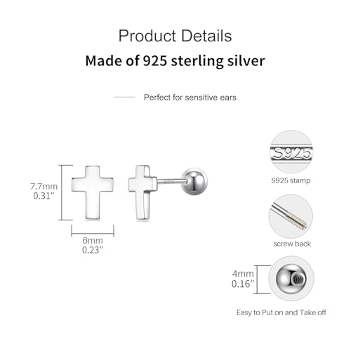 JSGEMSLEE Hypoallergenic 925 Sterling Silver Stud Earrings for Women With Screw Back Small Butterfly Heart Flower Earrings for Girls Tragus Cartilage Jewelry Gifts - color: cross