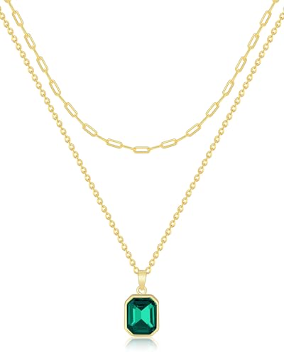 Gold Layered Necklaces for Women, 18k Gold Plated Crystal Necklace Paperclip Choker Emerald Green Jewelry for Women Gifts - color: Green Necklace