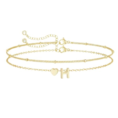 Gold Initial Bracelets for Women Trendy, Dainty Layered 14K Gold Plated Heart Letter Charm Bracelets, letter beads for name bracelets Jewelry Gifts - color: Gold-H