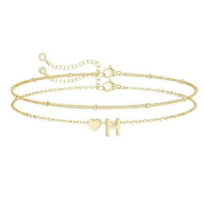 Gold Initial Bracelets for Women Trendy, Dainty Layered 14K Gold Plated Heart Letter Charm Bracelets, letter beads for name bracelets Jewelry Gifts - color: Gold-H