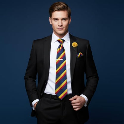 5PCS Mens Silk Tie, Pocket Square, Cufflinks, Drilled Tie Ring and Lapel Pin Set for Wedding Groom Party - color: Yellow Red Tie Set -269