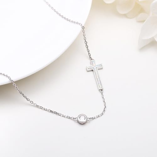 Yearace Choker Necklaces for Women S925 Sterling Silver Sideways Cross/Butterfly/Handcuffs/Infinity Interlocking/Chakra Choker Necklace Dainty Sideways Cross Necklace Jewelry Gift - style: Opal Cross 14+4"