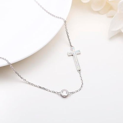 Yearace Choker Necklaces for Women S925 Sterling Silver Sideways Cross/Butterfly/Handcuffs/Infinity Interlocking/Chakra Choker Necklace Dainty Sideways Cross Necklace Jewelry Gift - style: Opal Cross 14+4"