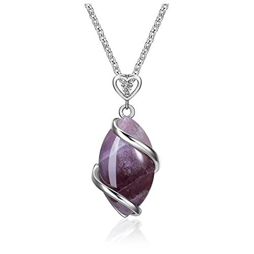 Jovivi Amethyst Rose Quartz Stone Necklace for Women Men, Full Wire Wrapped Natural Gemstone Reiki Healing Crystal Pendant Jewelry - color: Amethyst Crystal