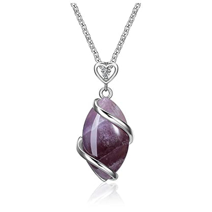 Jovivi Amethyst Rose Quartz Stone Necklace for Women Men, Full Wire Wrapped Natural Gemstone Reiki Healing Crystal Pendant Jewelry - color: Amethyst Crystal