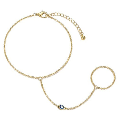 Evil Eye, Heart, Cross-Gold Ring Bracelet Hand Chain Layered Finger Bracelets for Women Delicate Link Chain Jewelry - style: evil eyes
