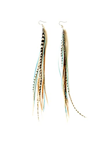 Bohemian handmade long lightweight feather dangle earrings for women - color: Natural & Turquoise