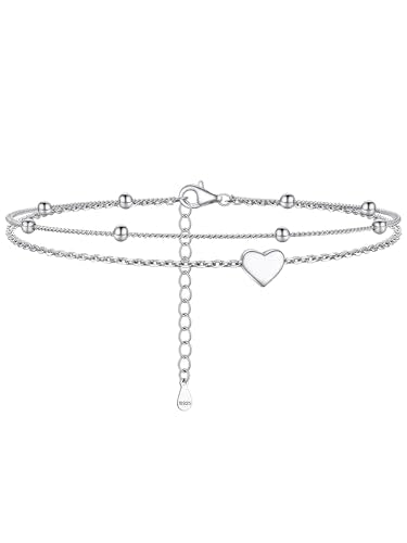 PROSILVER 925 Sterling Silver Ankle Bracelets For Women, Stylish Chain Anklets, Summer Beach Jewelry, 8.6-10.6 Inch Adjustable, Come with Box - style: 01-Heart Anklet-Layered