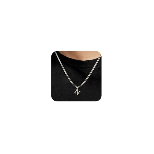 Silver Initial Necklace for Men Letter Pendant Cuban Link Chain | Stainless Steel 4mm 20 Inch Chain Non Tarnish Silver Plated A-Z Capital Name Charm Custom Personalized Jewelry Gift for Man - style: Silver:N