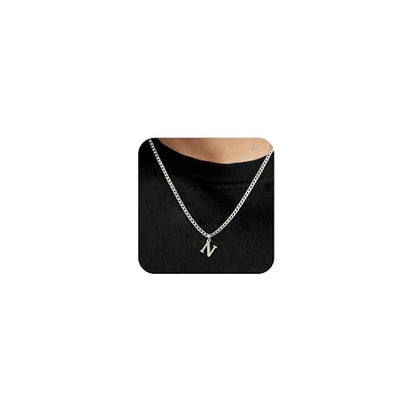 Silver Initial Necklace for Men Letter Pendant Cuban Link Chain | Stainless Steel 4mm 20 Inch Chain Non Tarnish Silver Plated A-Z Capital Name Charm Custom Personalized Jewelry Gift for Man - style: Silver:N