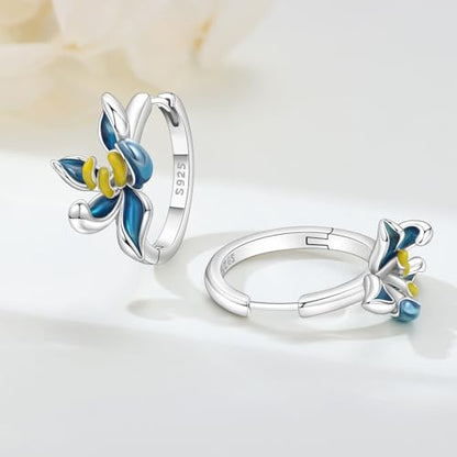 Floral Hoop Earrings 925 Sterling Silver with 14K Gold Plating – Lightweight CZ Flower Hoops | Hypoallergenic Jewelry for Women | Gift Box + Polishing Cloth - color: 18mm Blue Orchid Earrings