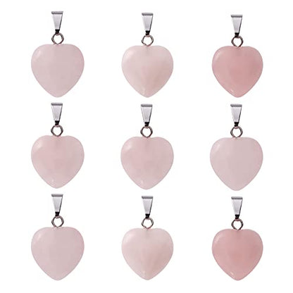 10Pcs Heart Stone Charm Pendants Natural Rose Quartz Gemstone Pendants with Platinum Brass Loops for DIY Necklace Keychains Earring Crafts Supplies - color: Rose Quartz