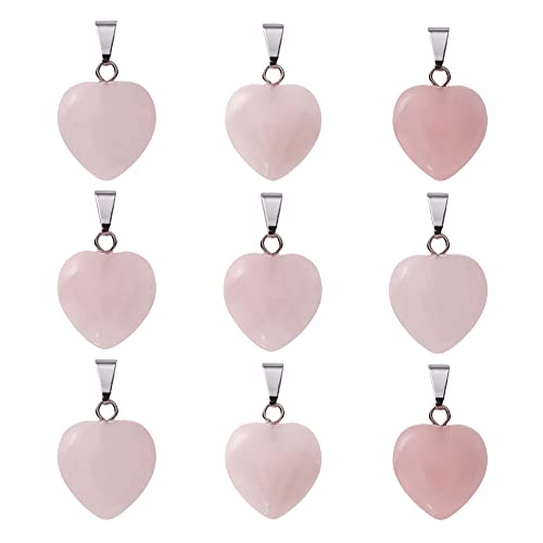10Pcs Heart Stone Charm Pendants Natural Rose Quartz Gemstone Pendants with Platinum Brass Loops for DIY Necklace Keychains Earring Crafts Supplies - color: Rose Quartz