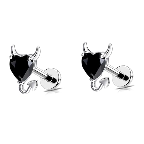 18G Little Devil Heart Lip Ring Stainless Steel Cubic Zirconia Labret Jewelry for Monroe Medusa Tragus Nose Conch Helix Hypoallergenic Cartilage Earring Stud Bar Body Jewelry for Women - color: Black