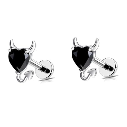 18G Little Devil Heart Lip Ring Stainless Steel Cubic Zirconia Labret Jewelry for Monroe Medusa Tragus Nose Conch Helix Hypoallergenic Cartilage Earring Stud Bar Body Jewelry for Women - color: Black