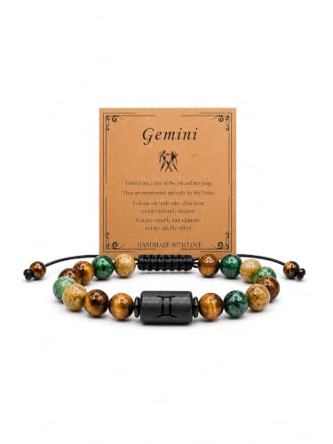 Zodiac Bracelet for Women and Men, Zodiac Sign Natural Stone Beaded Bracelet, Adjustable Horoscope Astrology Bracelet with Zodiac Card, Birthday Gift for Her Him - color: Gemini