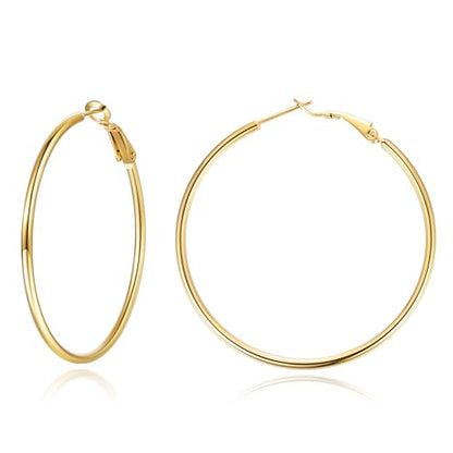 Jewlpire 14K Gold Plated 925 Sterling Sliver Post Hoop Earrings, 2MM Thick Hoop earrings Lightweight Large Hoop Earrings for Women Trendy 20/30/40/50/60/70mm - color: 14K Gold Plated, size: 40mm