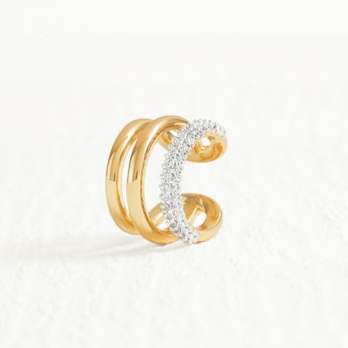 Sparkle Ear Cuff for Women, Non Piercing Single | 14K Gold Plated Brass, Clear Cubic Zirconia Accents, Fixed 3.8-3.9 mm Opening, Single Non-Piercing Cuff For Ear Stacks - style: Sparkle Split Trio